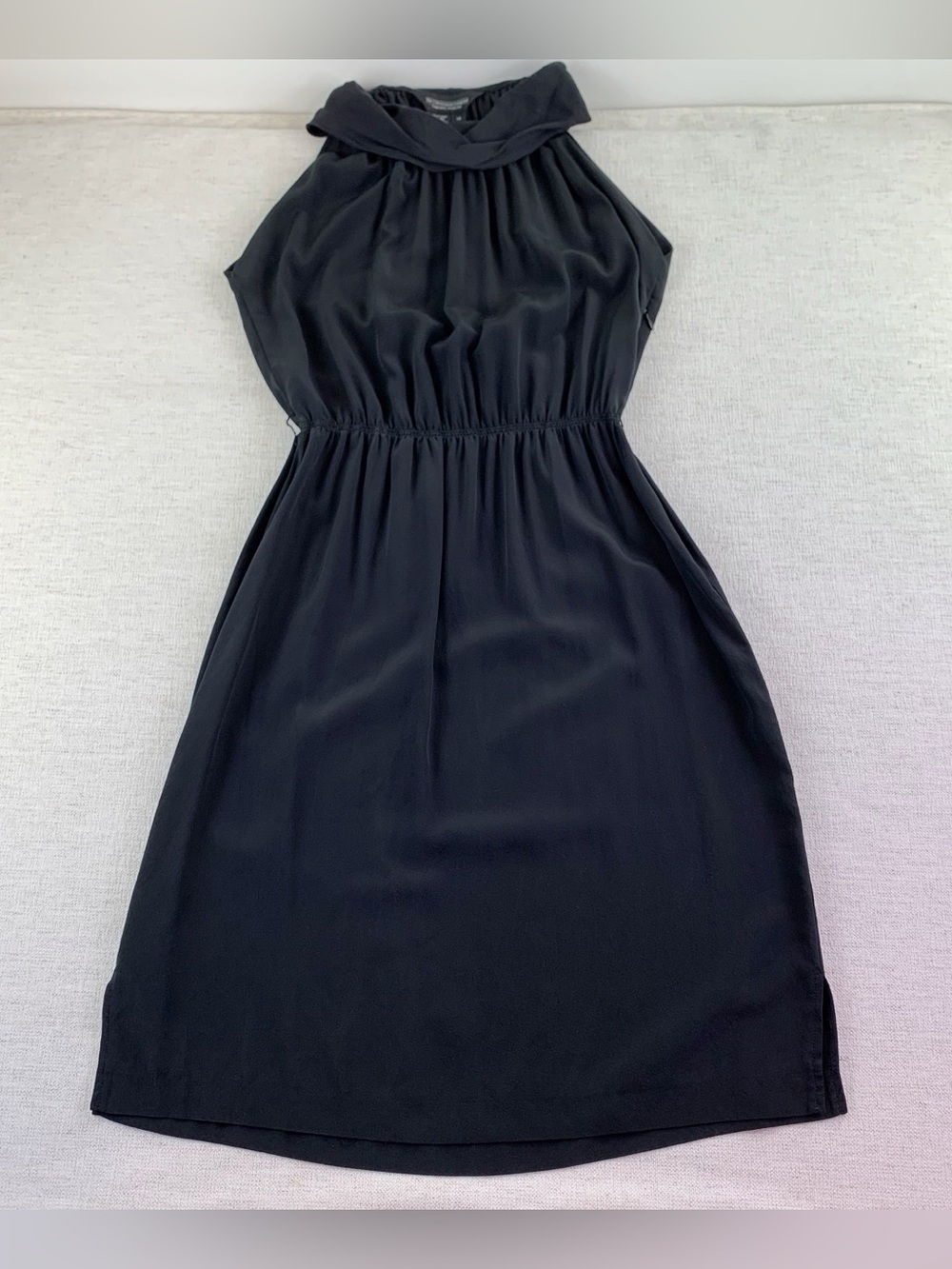 The J. Peterman Company Sleeveless Halter 100% silk Dress in black elastic waist